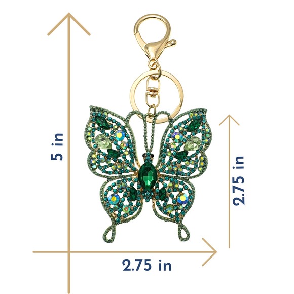 Intricate Green Butterfly Keychain Rhinestones & Gift Bag, Purse Jewelry, 5"L - Picture 4 of 5